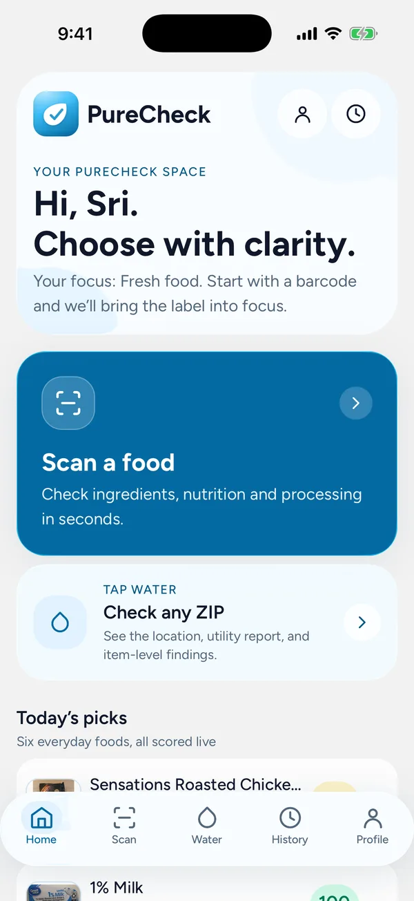 The PureCheck home screen, showing a personalised greeting, the scan shortcut and Today’s picks