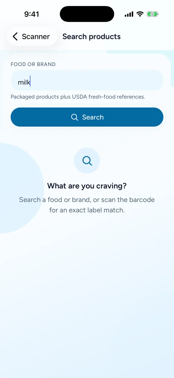 The PureCheck search screen with a food name typed into the search field