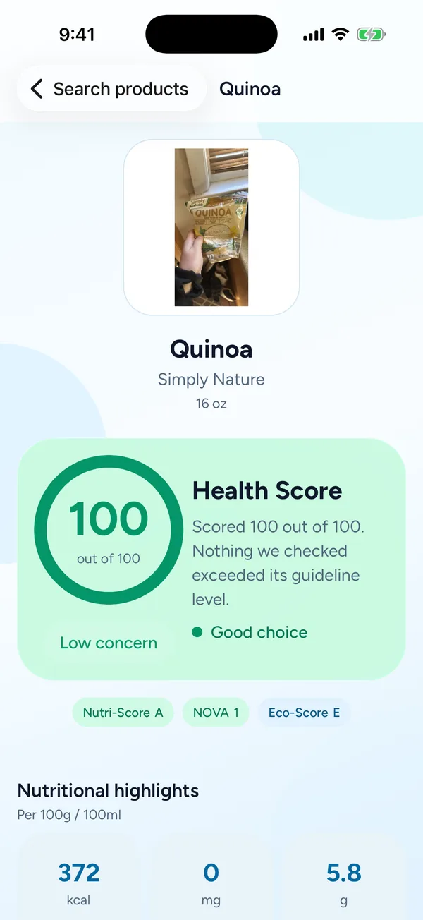 A quinoa result in PureCheck scoring 100 out of 100, marked low concern