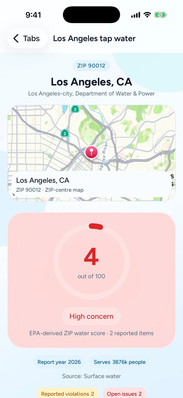 PureCheck water report for Los Angeles, CA: ZIP 90012, a location map, and a score of 4 out of 100 marked high concern